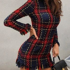 Cute long sleeve classy tweed dress